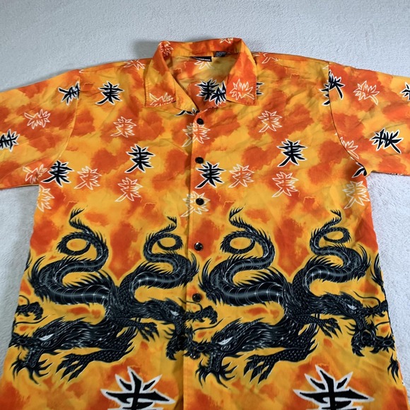 Vintage ODO Shirt Mens XL Orange Dragon Hawaiian Aloha Camp Button Up Made Korea - Picture 2 of 8